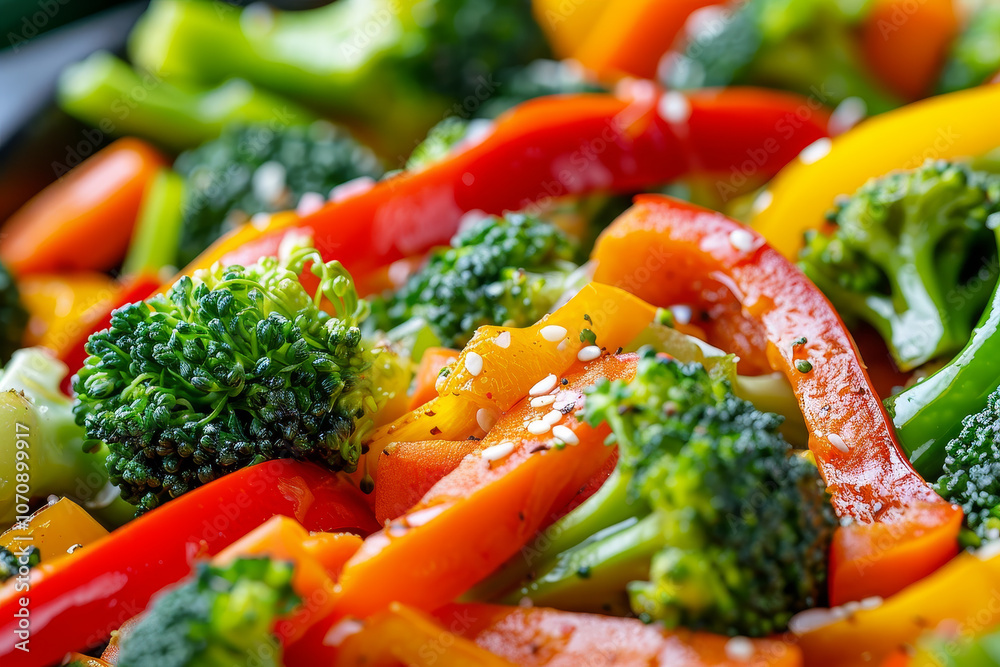 A colorful plate of vegetables including broccoli, peppers, and carrots A colorful plate of vegetables including broccoli, peppers, and carrots