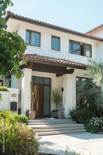 A white house with a red roof and a brown door, suitable for use in real estate or architecture illustrations