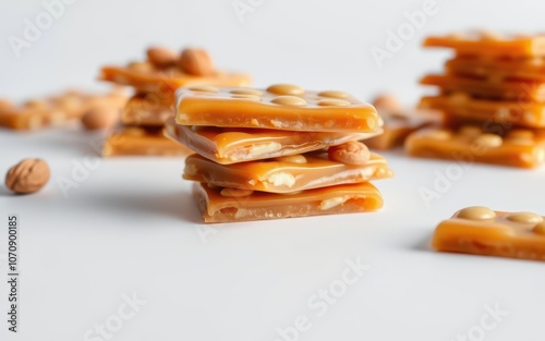 A stack of peanut brittle sits on a white surface, surrounded by scattered peanuts photo