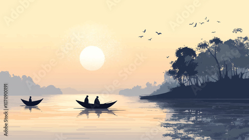 cute and lovely flat illustration of a quiet dawn on the banks of the River in winter, with light fog over calm waters and silhouettes of small boats and villagers going about their day