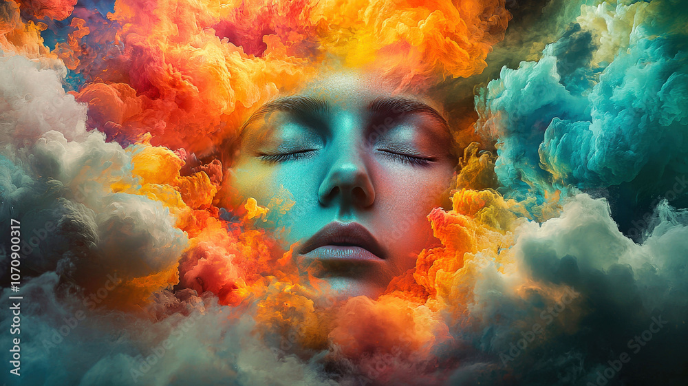 A person with closed eyes, their appearance and soul expressed through colorful, abstract forms, symbolizing depth and emotion