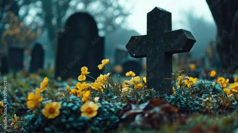 A simple grave with a cross surrounded by a field of colorful flowers A simple grave with a cross surrounded by a field of colorful flowers