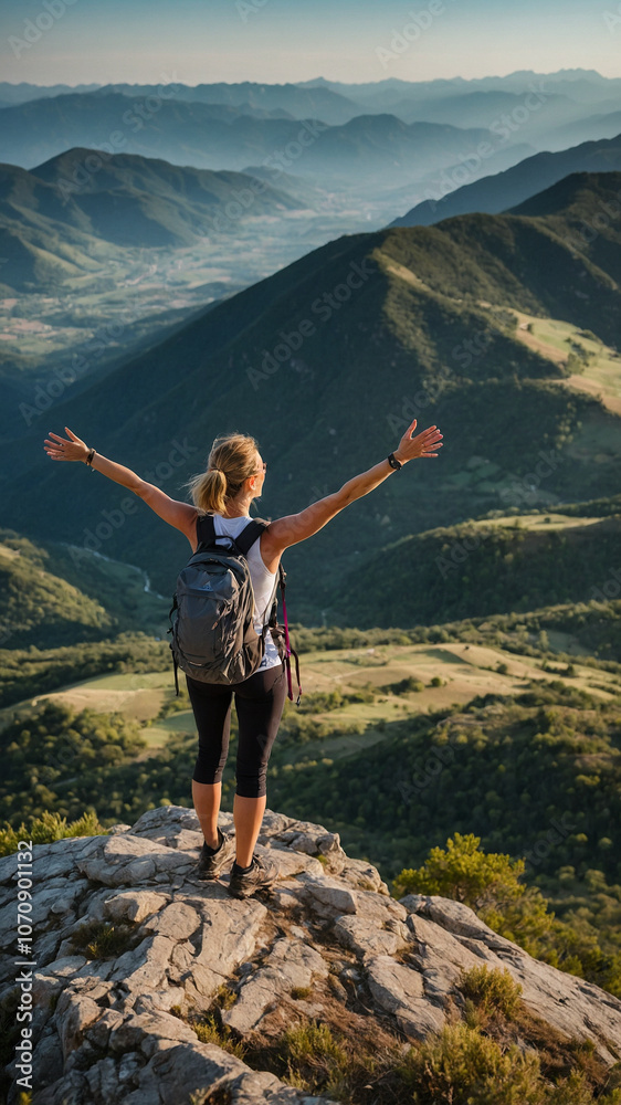 Obraz premium A woman traveler standing triumphantly on a mountain peak, arms raised in celebration.
