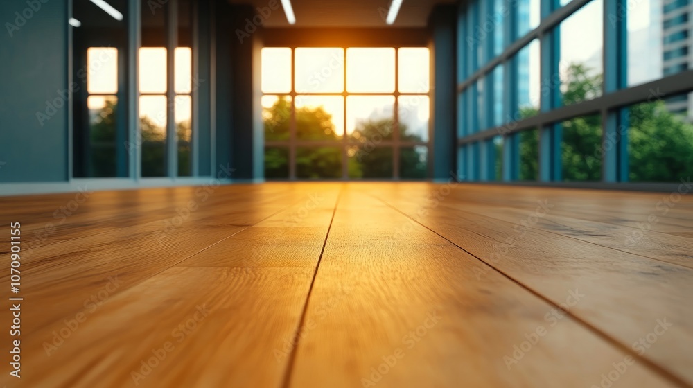 A low angle view of a wooden floor in a modern office space, with large windows and a view of the city beyond. A low angle view of a wooden floor in a modern office space, with large windows and a view of the city beyond.