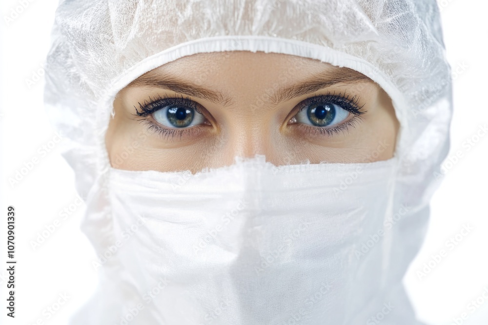 A woman wearing a white medical gown and a mask, suitable for healthcare or medical-themed illustrations A woman wearing a white medical gown and a mask, suitable for healthcare or medical-themed illustrations