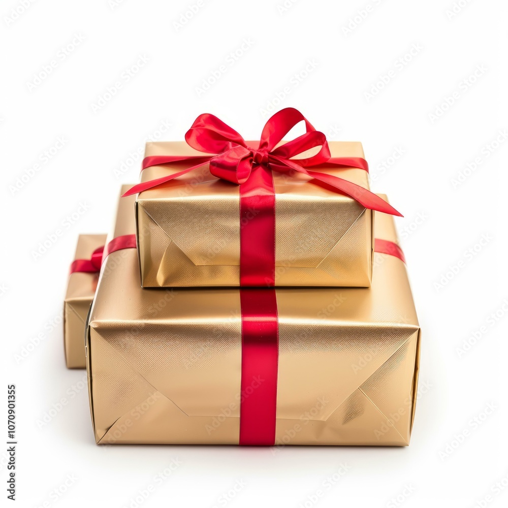 Three gold gift boxes with red ribbons are stacked on top of each other Three gold gift boxes with red ribbons are stacked on top of each other