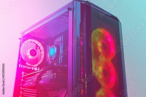 RGB lit computer case with glowing fans. photo