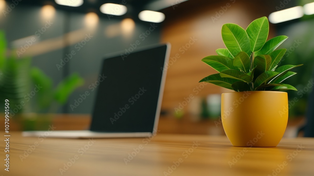 A close-up shot of a green potted plant on a wooden desk in a modern office. The plant adds a touch of nature to the workspace, creating a calming and inviting atmosphere. A close-up shot of a green potted plant on a wooden desk in a modern office. The plant adds a touch of nature to the workspace, creating a calming and inviting atmosphere.