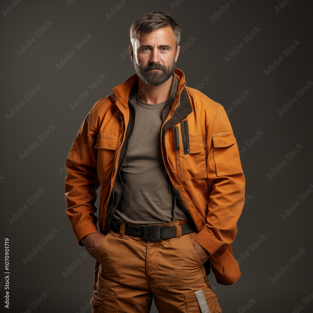 Fototapeta premium Worker in orange work uniform on dark background