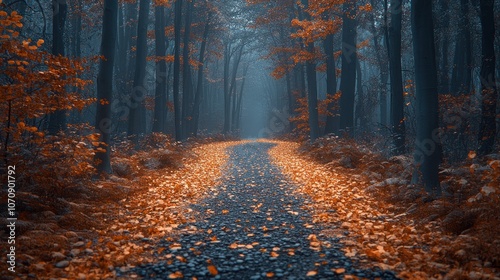 A winding path through a misty forest, lined with autumn leaves.