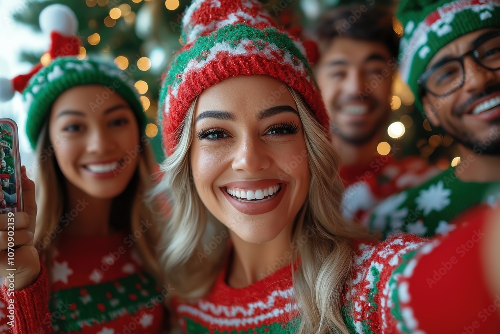 A group of friends in Christmas sweaters and Santa hats smiles in front of a festive tree, creating an atmosphere of joy and holiday cheer A group of friends in Christmas sweaters and Santa hats smiles in front of a festive tree, creating an atmosphere of joy and holiday cheer