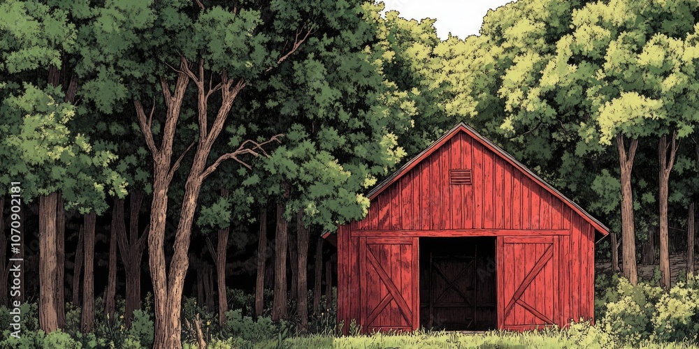 A rustic red barn stands amidst the trees in a forest setting, perfect for use in rural-themed designs or as a symbol of country charm A rustic red barn stands amidst the trees in a forest setting, perfect for use in rural-themed designs or as a symbol of country charm