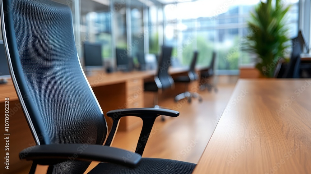 A black mesh office chair sits empty at a wood desk in a modern office setting. The chair's sleek design and the natural wood of the desk create a professional and inviting atmosphere. A black mesh office chair sits empty at a wood desk in a modern office setting. The chair's sleek design and the natural wood of the desk create a professional and inviting atmosphere.