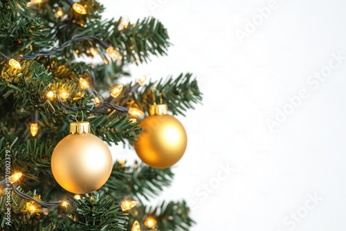 A close-up view of a beautifully decorated Christmas tree featuring gold ornaments