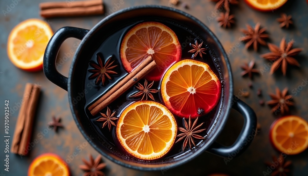 Warm spiced beverage with orange slices and cinnamon sticks in a pot, garnished with star anise Warm spiced beverage with orange slices and cinnamon sticks in a pot, garnished with star anise