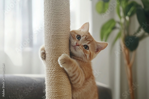 A playful ginger cat clings to a scratching post in a sunlit living room filled with plants and cozy furniture. Generative AI photo