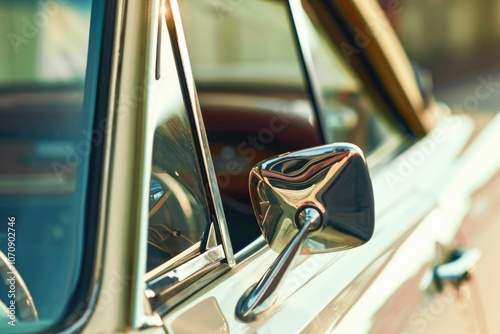 A close-up shot of a car's side view mirror, great for automotive or transportation related uses photo