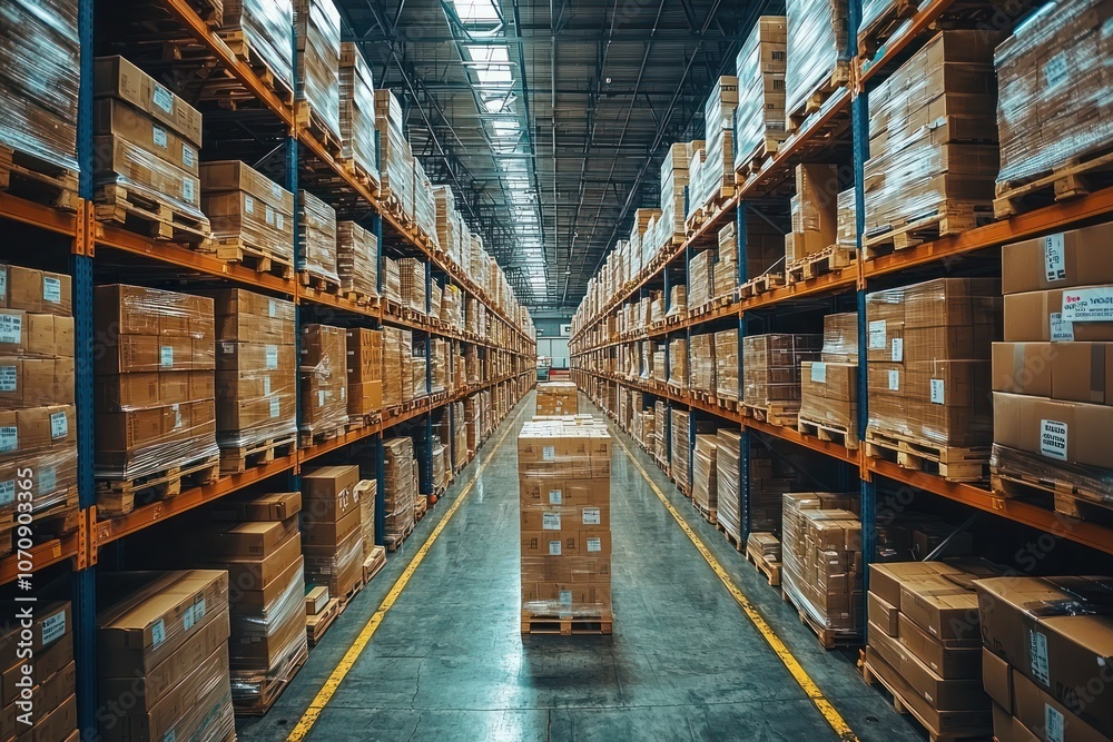 A Long Row of Pallets Filled with Stacked Cardboard Boxes in a Warehouse