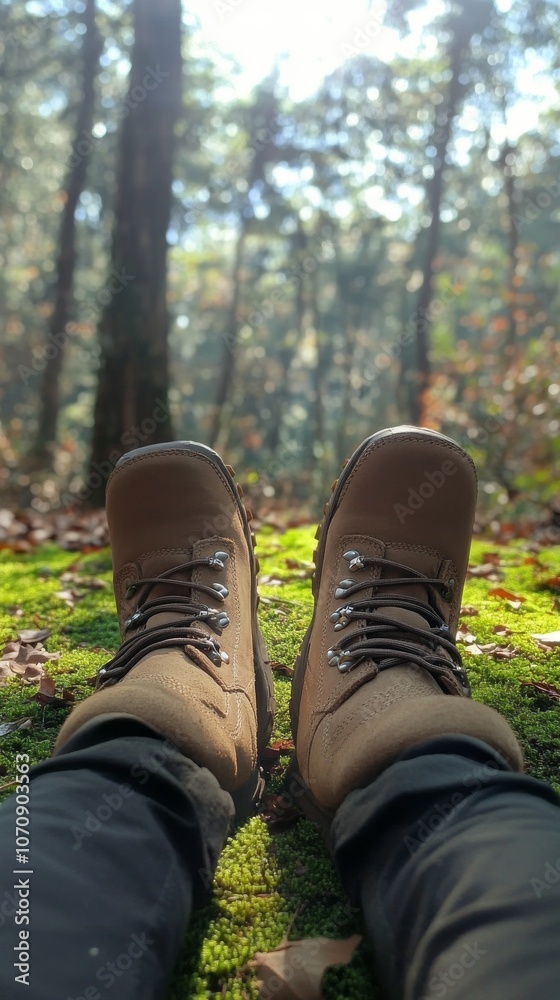 Person relaxing with hiking boots on soft moss under trees in a tranquil forest setting Person relaxing with hiking boots on soft moss under trees in a tranquil forest setting