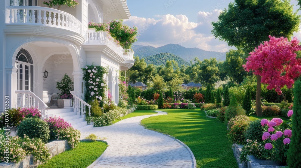 A serene garden pathway leading to an elegant home surrounded by lush greenery and flowers.