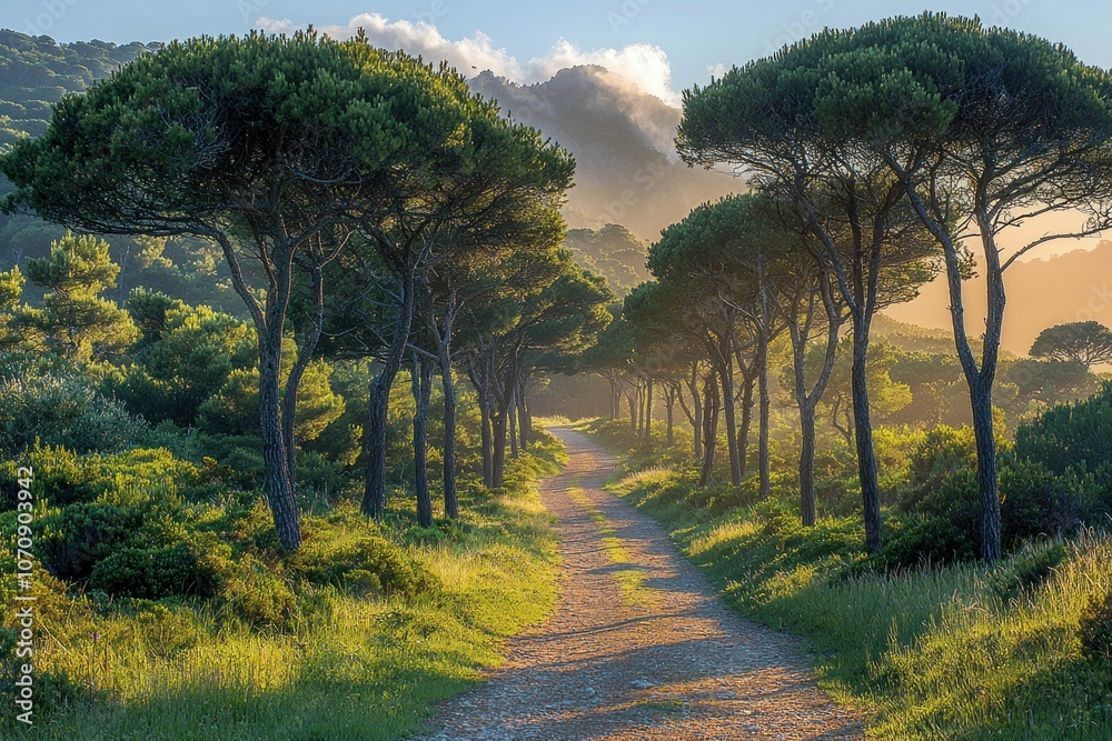 Sunlit Pathway Through a Forest of Pine Trees Sunlit Pathway Through a Forest of Pine Trees