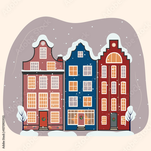 A Danish cottages , illustration of three snow covered houses, illustration of three charming houses in the snow,