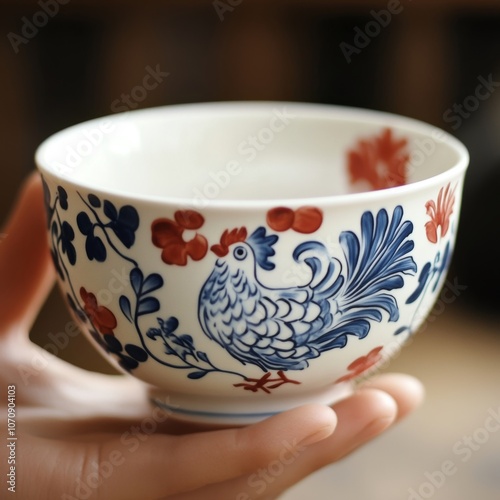 Hand Holding Blue Rooster Decorated Ceramic Bowl Teacup