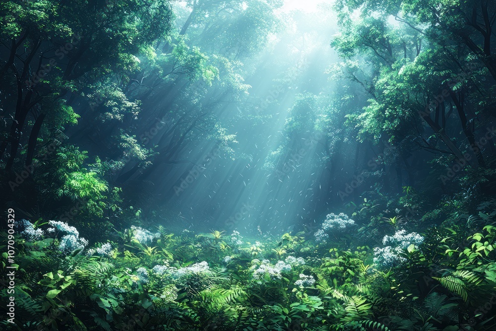 Sunbeams Illuminating a Dense Forest Floor with White Flowers Sunbeams Illuminating a Dense Forest Floor with White Flowers