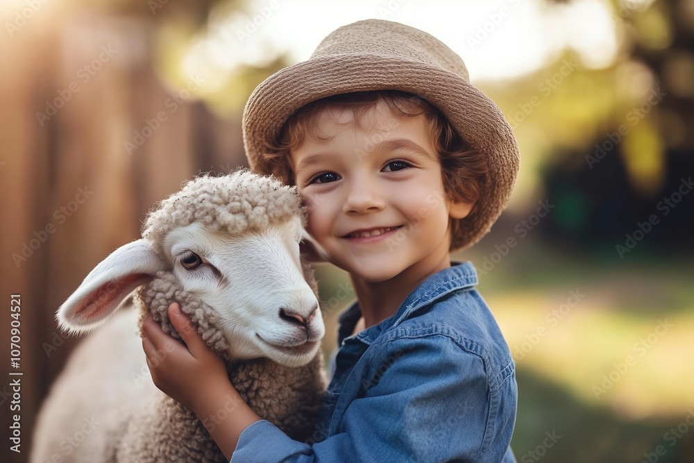 A young boy smiles while hugging a sheep in a sunny outdoor setting during the afternoon. Generative AI A young boy smiles while hugging a sheep in a sunny outdoor setting during the afternoon. Generative AI