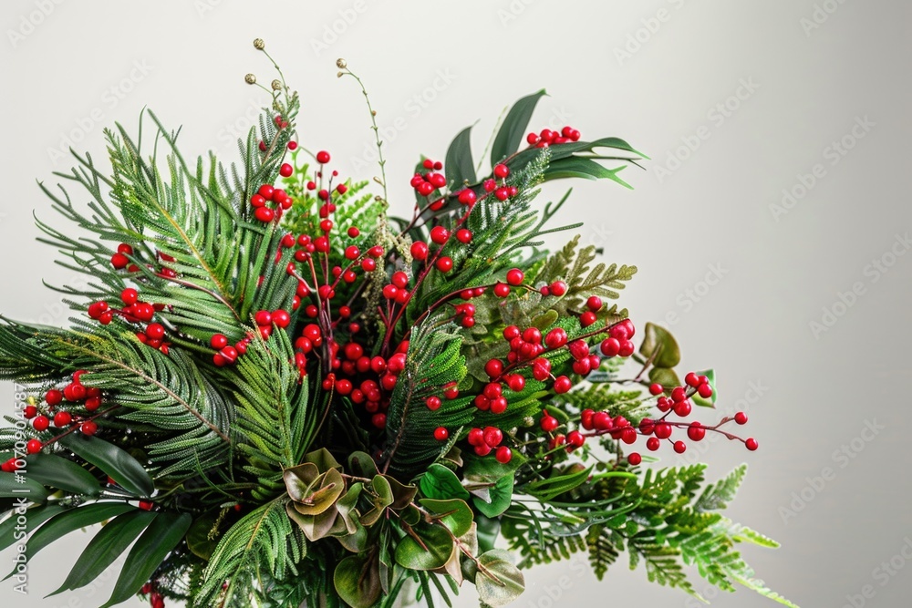Fototapeta premium A decorative vase filled with red berries and foliage, great for holidays or home decor