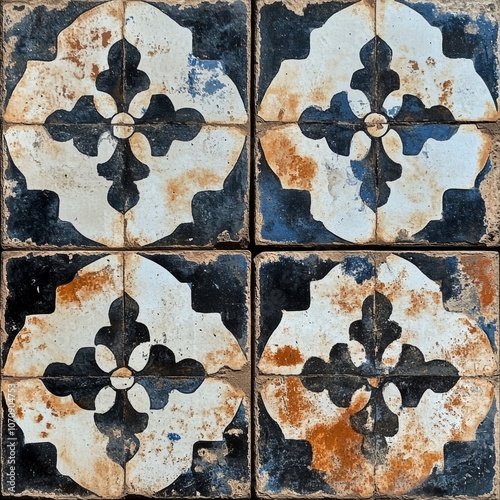 Vintage Black White Floral Tile Pattern Distressed Floor Texture Background