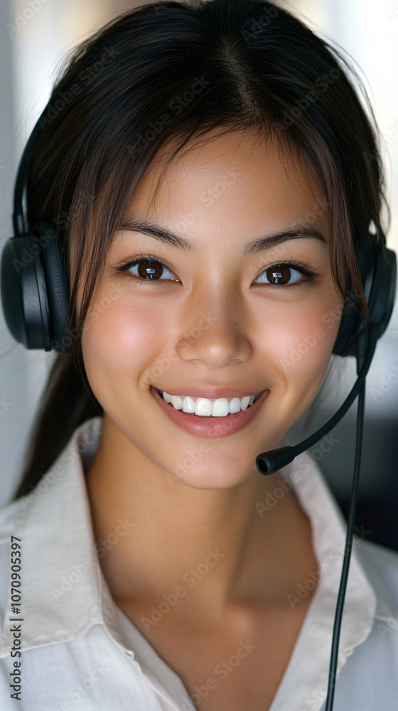 Employee with a headset is smiling while providing customer service in a call center Employee with a headset is smiling while providing customer service in a call center