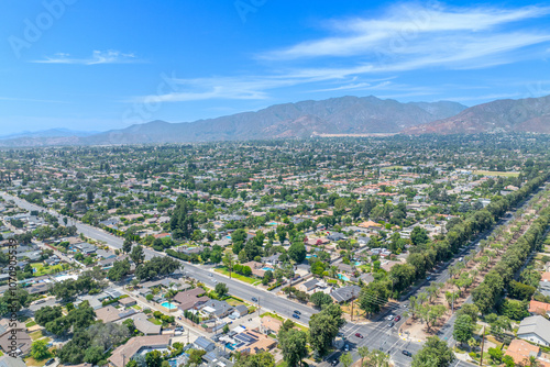 Aerial view of Upland city in San Bernardino County, California, on the border with neighboring Los Angeles County. 