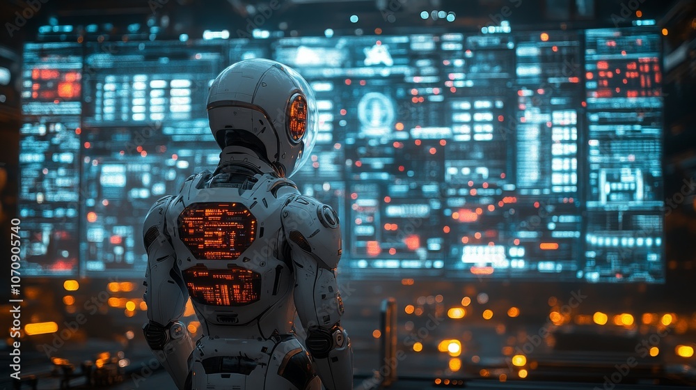 Holographic AI supervisors monitoring dynamic data in a futuristic control room at night Holographic AI supervisors monitoring dynamic data in a futuristic control room at night