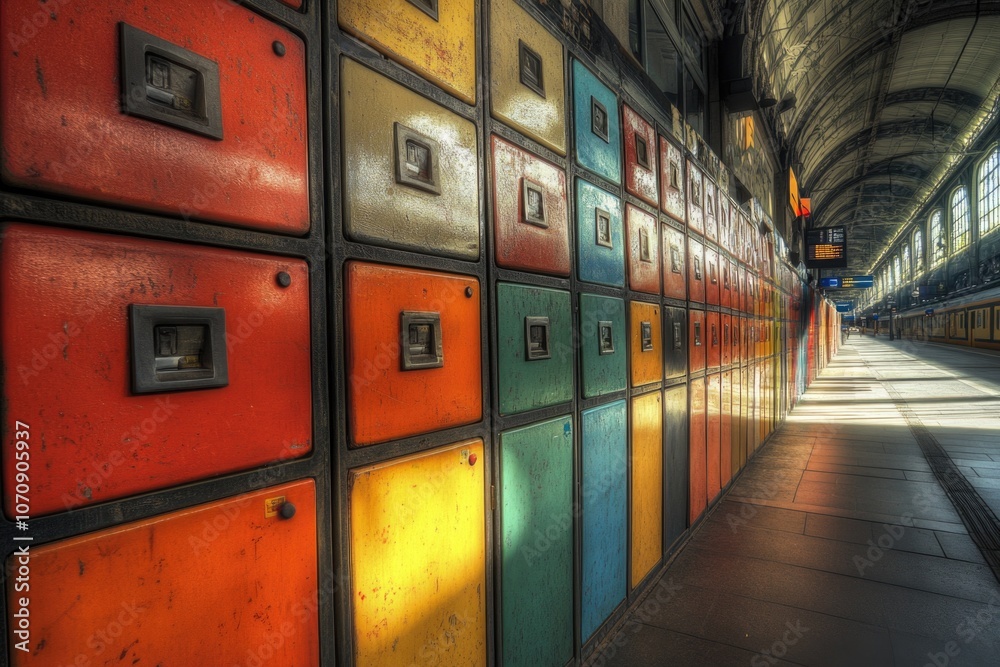 Colorful lockers at a busy train station Colorful lockers at a busy train station