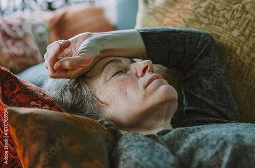 Weak senior woman lie on sofa keep arm on head feel pain dizzy headache suffer from menopause symptoms low blood pressure. Fatigue aged female relax on soft pillow sleep at daytime too tired from heat photo