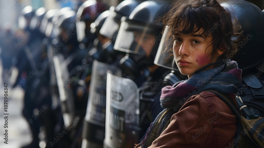 Young protester stands defiantly in front of police during a demonstration in the city center Young protester stands defiantly in front of police during a demonstration in the city center