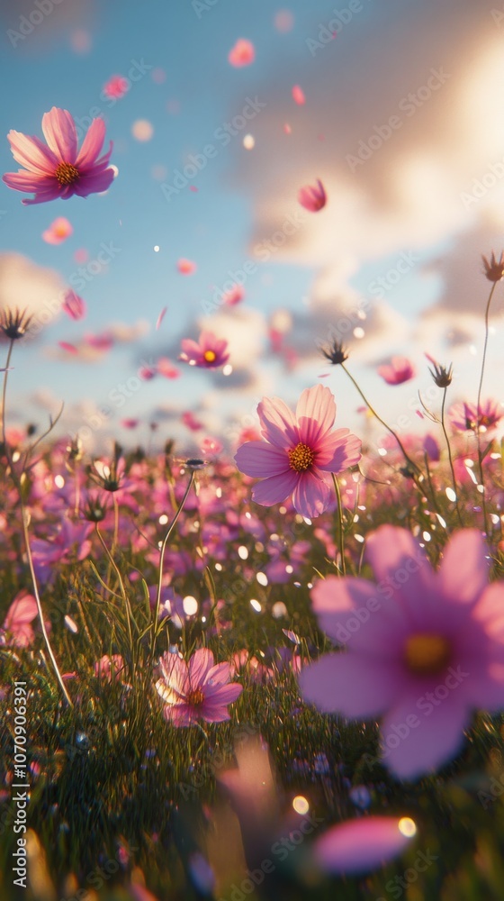 Fototapeta premium A tranquil spring morning with blooming pink flowers under a clear blue sky