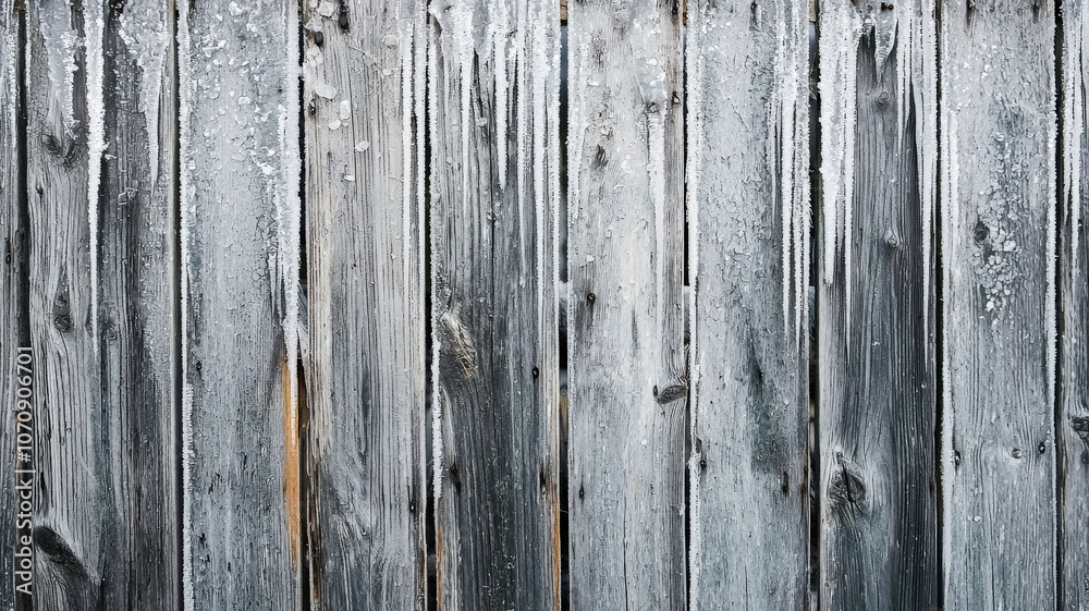 Naklejka premium A rustic, weathered wooden plank background with subtle frosty edges and icicles, perfect for evoking cozy cabin vibes with a winter twist.