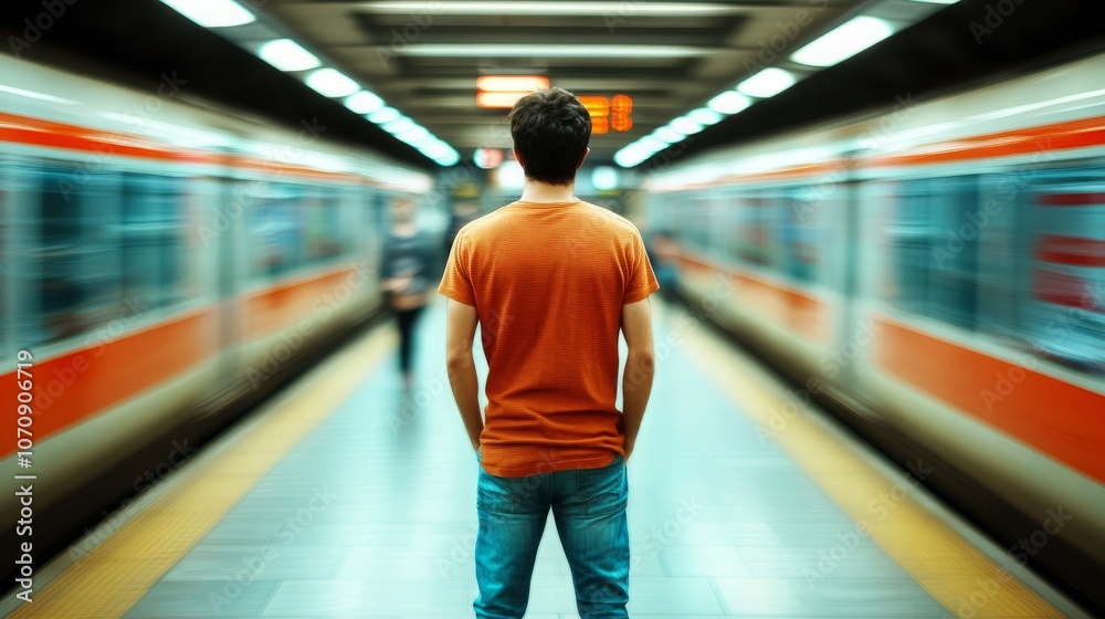 A young man stands on a subway platform, waiting for the next train, as the one in front of him speeds away. A young man stands on a subway platform, waiting for the next train, as the one in front of him speeds away.