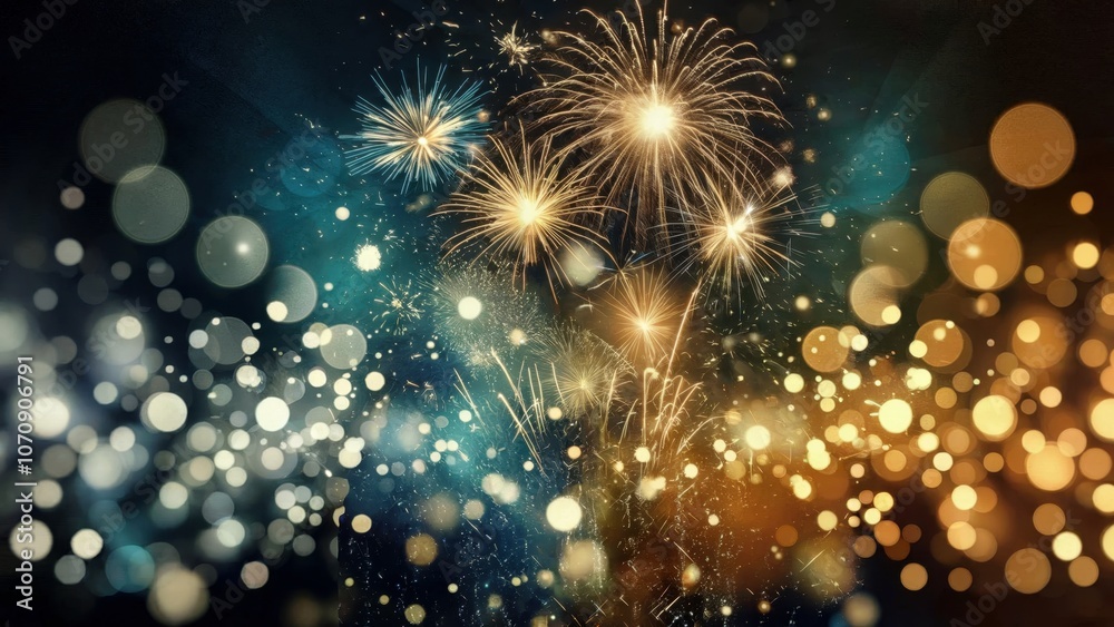 Golden Fireworks and Bokeh Lights on Dark Blue Background Golden Fireworks and Bokeh Lights on Dark Blue Background