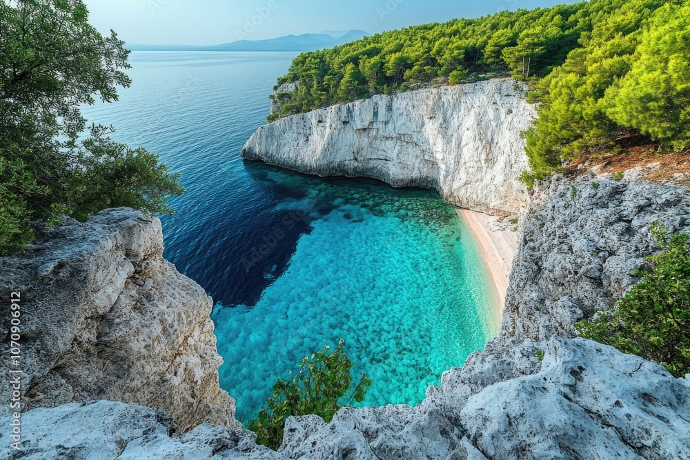 Fototapeta premium A large body of water meets the rugged coastline and steep cliff face, great for travel or nature photography