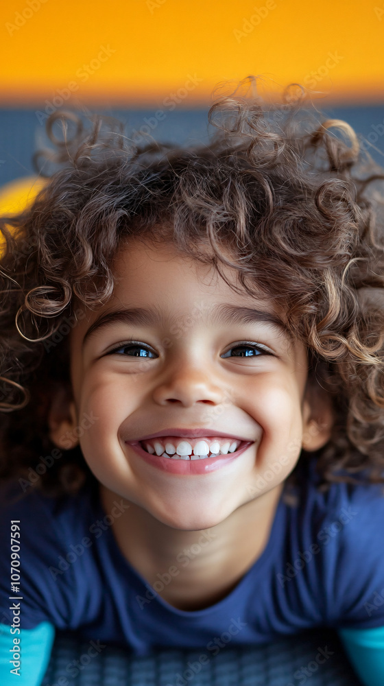 Close-up portrait of a happy, carefree child with curly hair exuding joy and innocence through a bright, playful smile Close-up portrait of a happy, carefree child with curly hair exuding joy and innocence through a bright, playful smile
