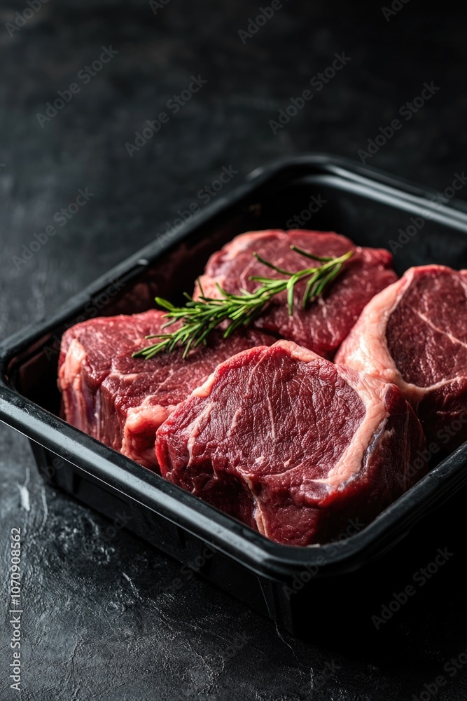 A tray filled with raw meat and adorned with fragrant rosemary sprigs, perfect for a rustic dinner or BBQ setting A tray filled with raw meat and adorned with fragrant rosemary sprigs, perfect for a rustic dinner or BBQ setting