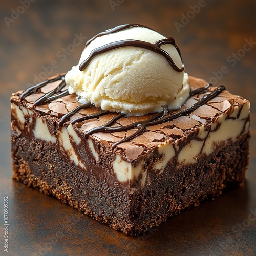 A square brownie with fudge drizzle and vanilla ice cream on top, no background, high-resolution photograph. photo