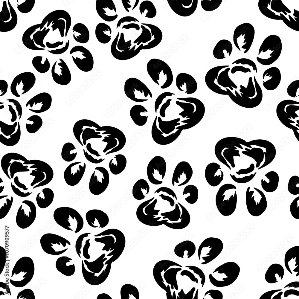 Fototapeta premium A seamless pattern of black cat and dog paws on a white background