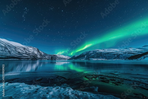 Aurora Lights above Arctic Mountains. Green Borealis Reflection on Water Surface