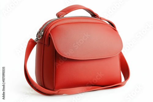 Red leather bag with zipper and strap.