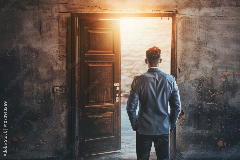 A person standing before a doorway, possibly waiting or considering entering A person standing before a doorway, possibly waiting or considering entering