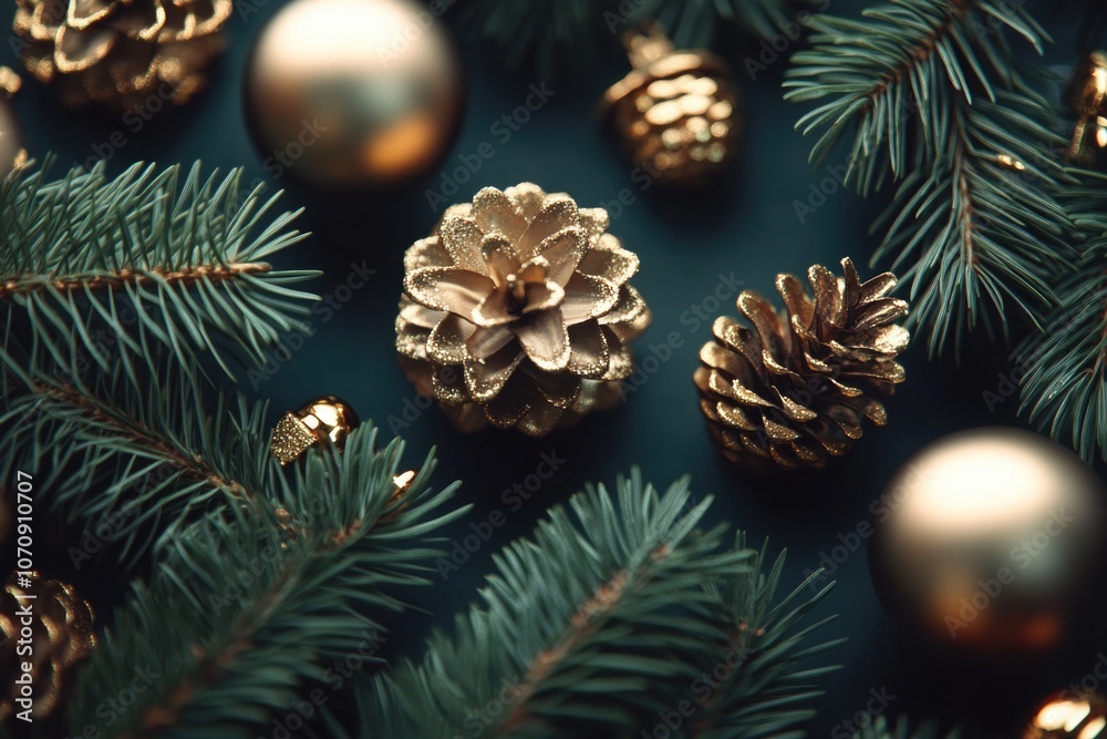 A pine cone decorated for Christmas with ornaments and garland A pine cone decorated for Christmas with ornaments and garland
